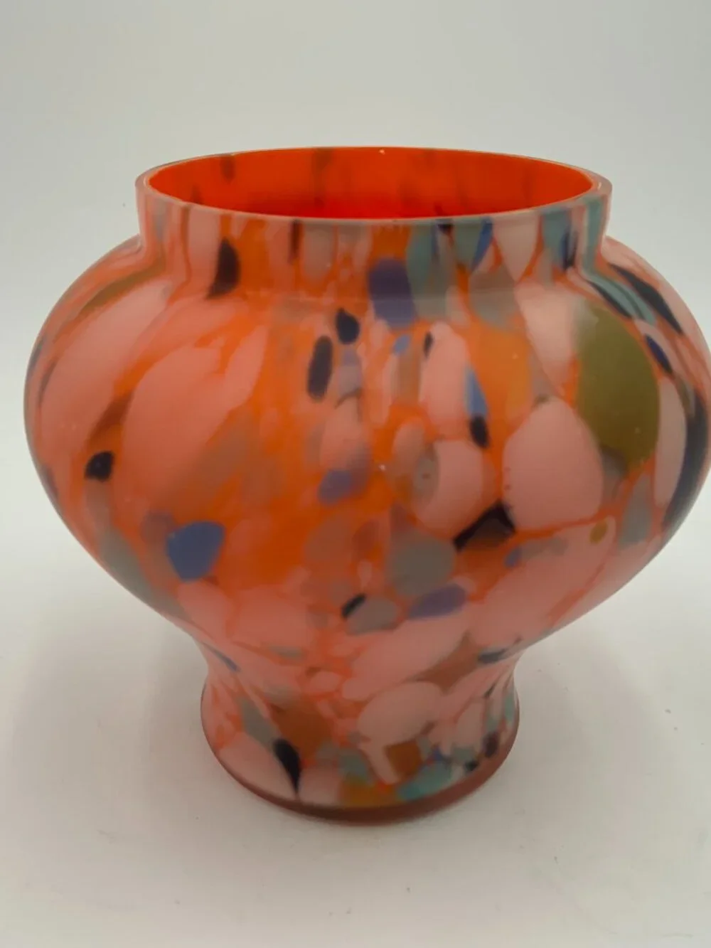 Vtg Czech Art Deco Splatter Glass Posey Vase Orange Blue Melon Bohemian Kralik
